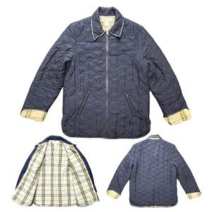Navy Quilted Barn Jacket Leather Trim Plaid Interior Timeless Preppy Classic